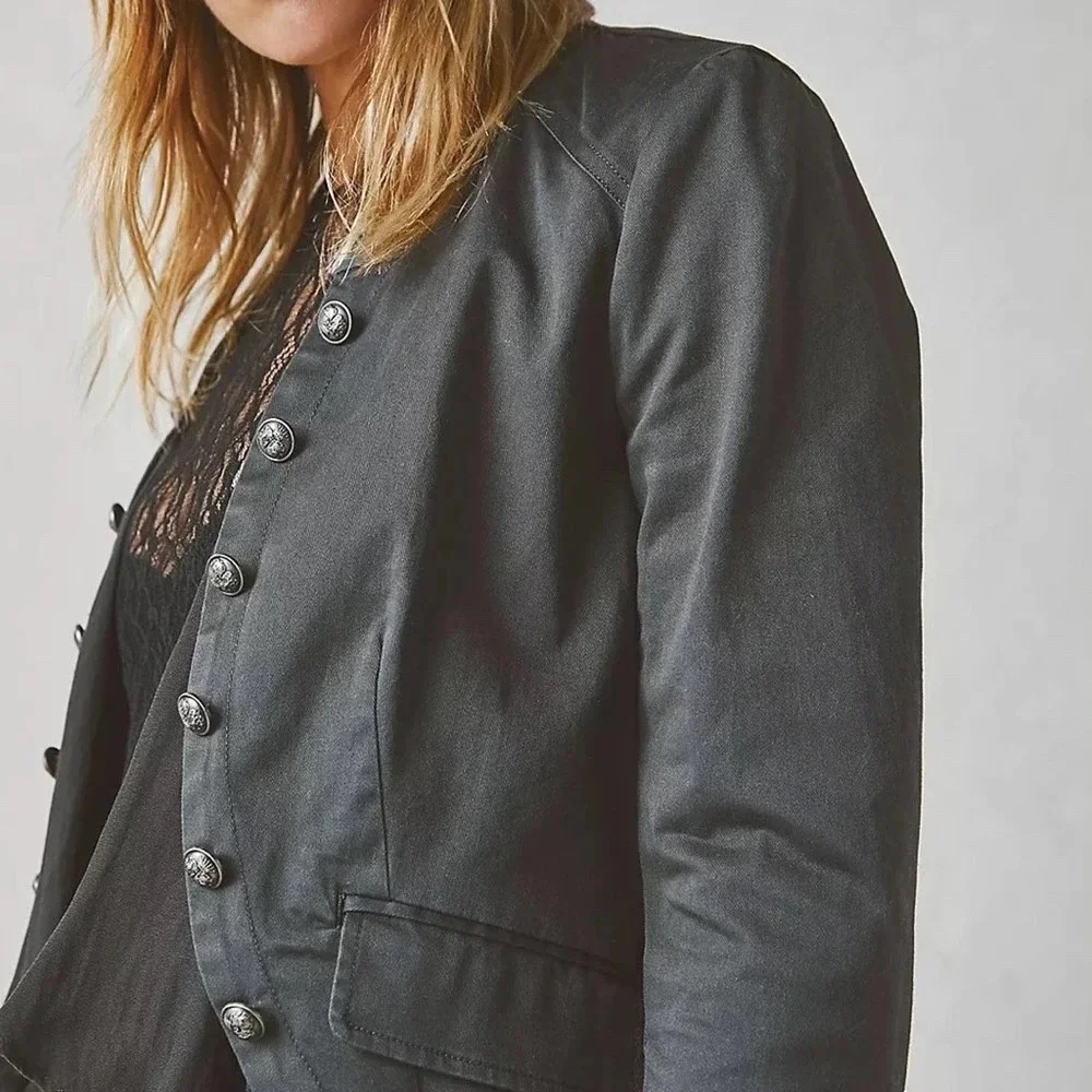 NWT Free People Ruffles Romance Military Jacket Washed Black L Trendy Festival